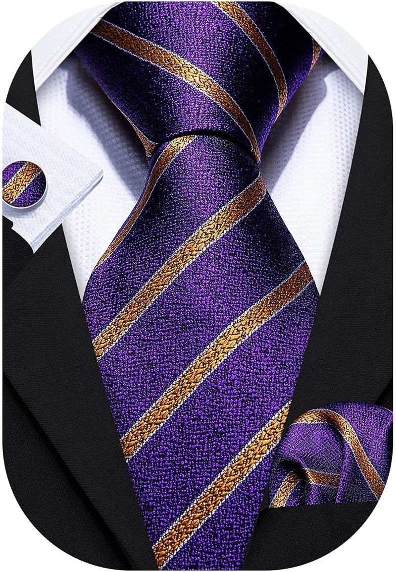Barry.Wang Store Tie Sets for Men Silk Stripe Necktie Woven Checkered Handkerchief Cufflinks Formal Business Wedding - Image 1